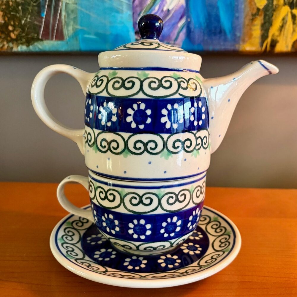 Ceramika Artystyczna Polish Pottery Teacup & Teapot 4 Piece Set